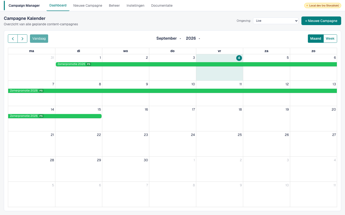 Dashboard met een kalenderweergave van geplande campagnes