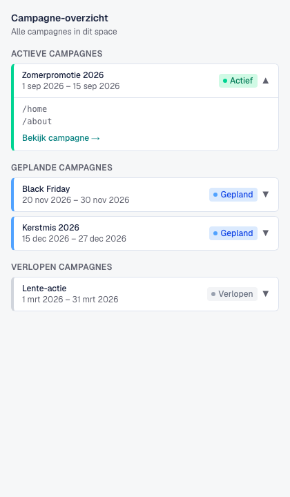 Storyblok-sidebarweergave met campagnes gegroepeerd per status